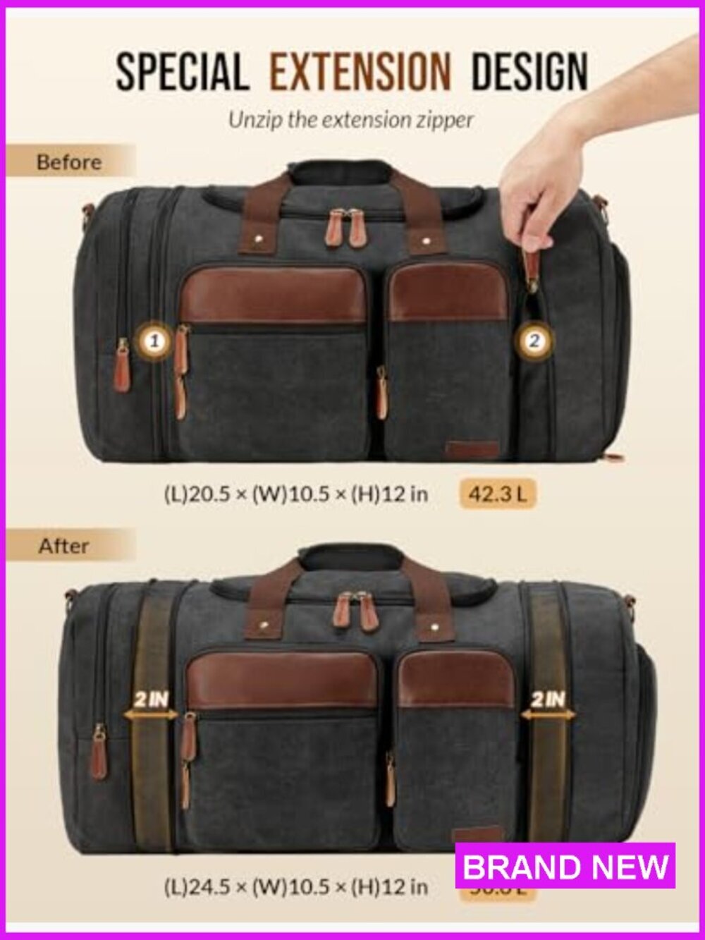 Expandable Canvas Duffel Bag 50l Travel Weekender With Shoe Compartment View 3